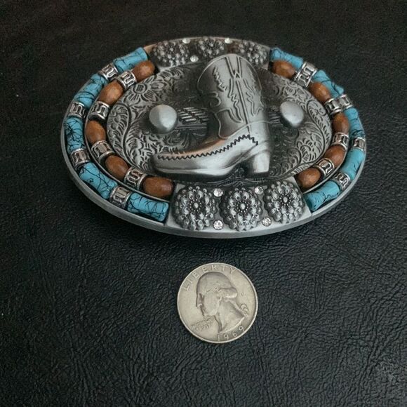 Boot Belt Buckle – Antiqued Silver Finish with Faux Turquoise, Western Cowgirl main image 6